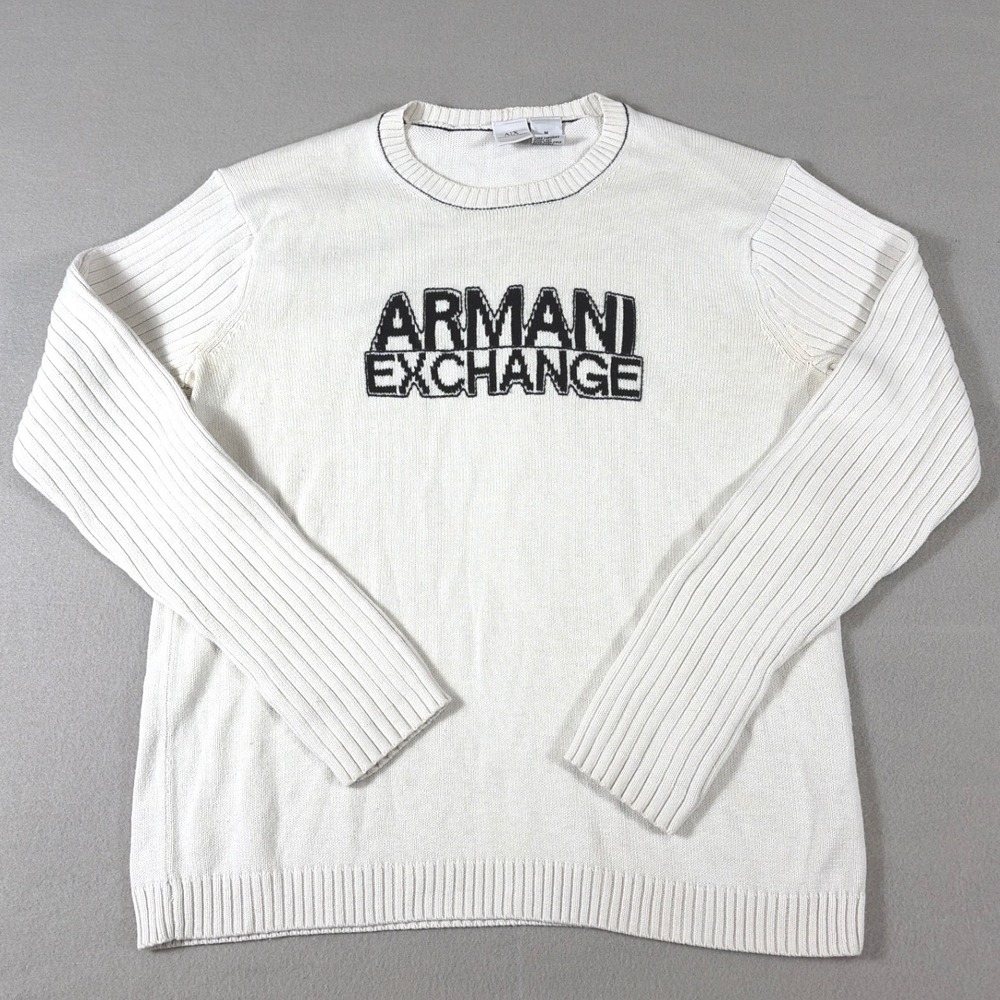 Y2K Armani Exchange Kids White Logo Knit Sweater Ribbed Sleeve Crew Neck Medium